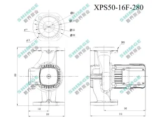 Насос циркуляционный SHIMGE XPS50-16F-280, 380В, мокрый ротор, Hmax 17м, Qmax 330л/мин, DN50, 280мм, 1,3кВт, фланец №3