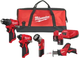 Набір з 4х інструментів акумуляторних MILWAUKEE, M12 BLPP4A-202B (зарядний пристрій С12, 2 акумулятори М12 В2 2Аг, дриль-шурупов