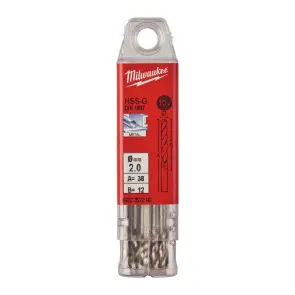 Свердло по металу HSS-G MILWAUKEE DIN1897, діаметр 2,0х38х10мм, скорочене, (10шт), пластикова коробка №1