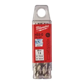 Свердло по металу HSS-G MILWAUKEE DIN1897, діаметр 7,5х74х34мм, скорочене, (5шт), пластикова коробка №1