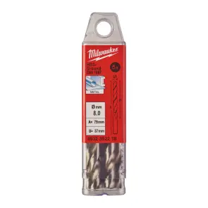 Свердло по металу HSS-G MILWAUKEE DIN1897, діаметр 8,0х79х37мм, скорочене, (5шт), пластикова коробка №1