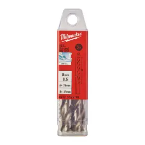 Свердло по металу HSS-G MILWAUKEE DIN1897, діаметр 8,5х79х37мм, скорочене, (5шт), пластикова коробка №1