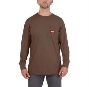 Футболка MILWAUKEE, WTLSBR-XXL с карманом и длинным рукавом, коричневая, (размер XXL) №1