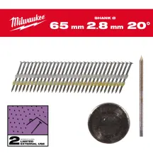 Цвяхи оцинковані з кільцевою накаткою та круглою головкою MILWAUKEE 2,8х7,4мм/20 градусів/65мм (2000шт) купити в Україні