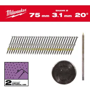 Цвяхи оцинковані з кільцевою накаткою та круглою головкою MILWAUKEE 3,1х7,4мм/20 градусів/75мм (1750шт) №1