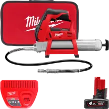 Шприц для смазки аккумуляторный MILWAUKEE, M12 GG-401B (зарядное устройство, 1 аккумулятор М12 В4 4Ач, алюминиевая туба, сумка)