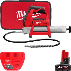 Шприц для смазки аккумуляторный MILWAUKEE, M12 GG-401B (зарядное устройство, 1 аккумулятор М12 В4 4Ач, алюминиевая туба, сумка) №1
