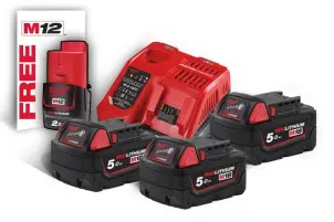 Энергокомплект Li-Ion MILWAUKEE, M18 NRG-503 (зарядное устройство M12-18FC, 3 аккумулятора M18 В5 5Ач) + подарок аккумулятор M12 B №1