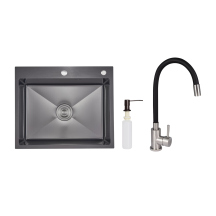 Акційний набір Lidz: мийка інтегрована Decor Black PVD Honeycomb 2,5/0,5 мм + Змішувач Aria для кухні з гнучким виливом (k35) Black