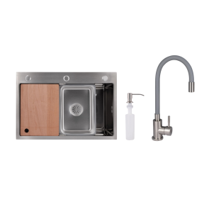 Акционный набор Lidz: мойка H6845 Decor 3,0/1,0 мм + Смеситель Aria для кухни с гибким изливом (k35) Grey №1