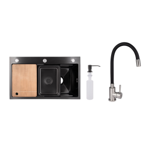 Акційний набір Lidz: мийка інтегрована Decor Black PVD Honeycomb 3,0/1,0 мм + Змішувач Aria для кухні з гнучким виливом (k35) Black №1