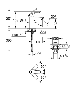 Однорычажный смеситель для раковины S-Size Grohe Eurosmart New с нажимным донным клапаном (23922003) №3