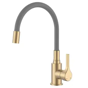 Змішувач для кухні Zerix Rex-011 Brushed Gold Refl.Grey з нерж.сталі (Колір мат.золото+силік.вилив сірий) (ZX6133) №1