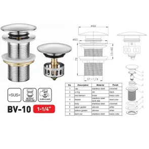 Донный клапан для раковины без перелива Zerix BV-10 1 1/4" автоматический Click-Clack (Цвет хром) (MY0416) №5