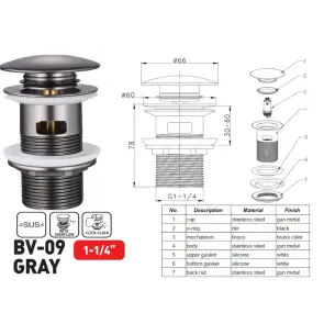 Донний клапан для раковини з переливом Zerix BV-09 GRAY 1 1/4" автоматичний Click-Clack (Колір графіт) (MY0415) №6