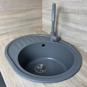 Мойка кухонная Adamant Ovum, искусственный камень, овальная, с крылом, 615х495х200мм, чаша – 1, врезная, серый №3
