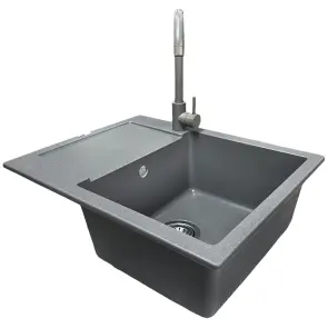 Набір кухонний Adamant Minimal, штучний камінь, прямокут., з крилом, 615х495х200мм, чаша - 1, врізна, сірий + змішувач + дозатор + ополіскувач склянок + коландер №3
