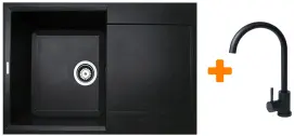 Набор кухонный Adamant Horizon, искусственный камень, прямоугольный, с крылом, 780х495х230мм, чаша - 1, врезная, черный + смеситель