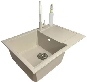 Набір кухонний Adamant Horizon Medium, штучний камінь, прямокут., з крилом, 700х500х230мм, чаша - 1, врізна, Avena + змішувач та дозатор №1