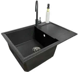Набір кухонний Adamant Horizon Medium, штучний камінь, прямокут., з крилом, 700х500х230мм, чаша - 1, врізна, графіт + змішувач та дозатор №1