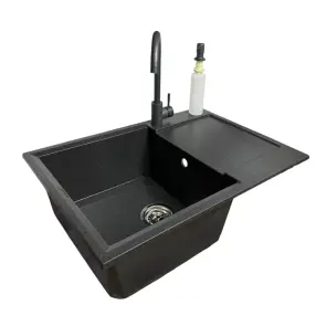 Набір кухонний Adamant Horizon Medium, штучний камінь, прямокут., з крилом, 700х500х230мм, чаша - 1, врізна, графіт + змішувач та дозатор №2