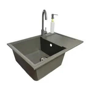 Набор кухонный Adamant Horizon Medium, искусственный камень, прямоугольный, с крылом, 700х500х230мм, чаша - 1, врезная, серый + смеситель и дозатор №2