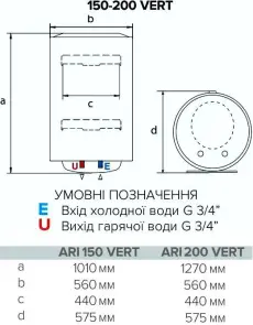 Водонагрівач електричний ARI 150 VERT 560 THER MO EU 1.8К, круглий, мех. керування, верт. монтаж, Бельгія, С №4