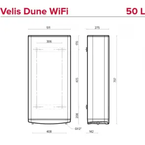 Водонагрівач електричний Ariston VELIS DUNE WIFI 50 EU плаский, слім, 50л, 2*1,5 кВт, емал. нагр. ел, ун. монтаж, ел. кер-ня, B, Італія, білий №11