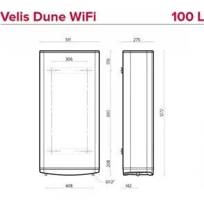 Водонагрівач електричний Ariston VELIS DUNE WIFI 100 EU плаский, слім, 100л, 2*1,5 кВт, емал. нагр. ел, ун. монтаж, ел. кер-ня, B, Італія, білий №11
