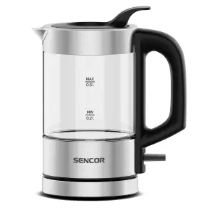 Электрочайник Sencor 0.5л, Strix, пластик, в комплекте 2 стакана + 2 ложки, стекло, нерж. сталь №2