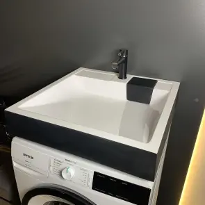 Раковина, умывальник Adamant WASHER NEW, искусственный камень, прямоугольный, с отверстием для смесителя, без перелива, 595х595х115мм, накладной, черно-белый. №3