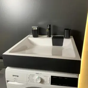 Раковина, умывальник Adamant WASHER NEW, искусственный камень, прямоугольный, с отверстием для смесителя, без перелива, 595х595х115мм, накладной, черно-белый. №4