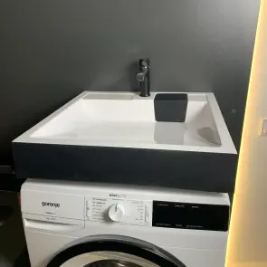 Раковина, умывальник Adamant WASHER NEW, искусственный камень, прямоугольный, с отверстием для смесителя, без перелива, 595х595х115мм, накладной, черно-белый. №5