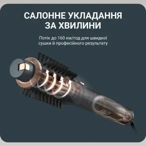 Фен-щетка Rowenta Air Rotate, 1300Вт, 4 режима, иониз-я, холл. обдув, функция фена, 3 насадки, керамика, черно-золотой №9