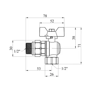 Кран-американка шаровая угловая Kroner 1/2" ВЗ PN40 бабочка, никелированная №2