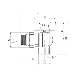 Кран-американка шаровая угловая Kroner 3/4" ВЗ PN40 бабочка, никелированная №2
