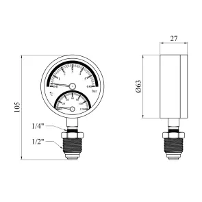 Термоманометр Karro 1/2"х1/4" вертикальний 63 мм KR-1086А №2