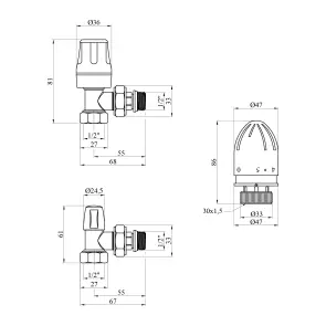 Комплект радіаторних кутових кранів Karro 1/2" ВЗ (верхній+нижній) з термоголовкою, нікельовані KR-5301 №2