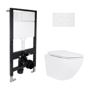 Готовое решение Qtap для ванной комнаты: подвесной унитаз Jay Rimless 485x360x320 + комплект установки Standard (круглая клавиша White) №1