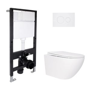 Готовое решение Qtap для ванной комнаты: подвесной унитаз Jay Rimless 520x360x320 + комплект установки Standard (круглая клавиша White) №1