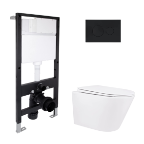 Готовое решение Qtap для ванной комнаты: подвесной унитаз Swan Rimless 520x360x320 + комплект установки Standard (круглая клавиша Black) №1