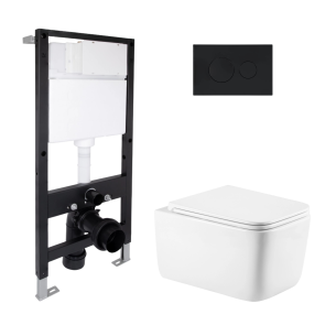 Готовое решение Qtap для ванной комнаты: подвесной унитаз Gemini Ultra Quiet 520x360x350 + комплект установки Standard (круглая клавиша Black) №1