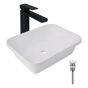 Комплект Qtap Scorpio: Раковина врізна прямокутна 510х390х145 мм White + Донний клапан PU02 + Змішувач для раковини Qtap Gemini високий QTGEM269BLM45678 Black Matt №1