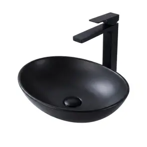 Комплект Qtap Dove: Раковина накладная Овальная 415x340x140 мм Matt Black + Донный клапан PU03 + Смеситель для раковины Qtap Gemini высокий QTGEM269BLM45678 Black Matt №1