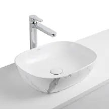 Раковина накладна Qtap Aquarius 470x380x120 мм, Marble, прямокутна, з донним клапаном QTAQA188MR49782 + Змішувач латунний для раковини Lidz Astra 001FH високий (k35) LDAST001FHCRM48090 Chrome