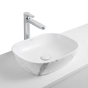 Раковина накладна Qtap Aquarius 470x380x120 мм, Marble, прямокутна, з донним клапаном QTAQA188MR49782 + Змішувач латунний для раковини Lidz Astra 001FH високий (k35) LDAST001FHCRM48090 Chrome №1