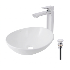 Комплект Qtap Dove: Накладная раковина Овальная 415x340x140 мм White + Донный клапан PU02 + Смеситель для раковины Lidz Dozorca 001FH высокий (k35) Chrome LDDOZ001FHCRM48990 №1