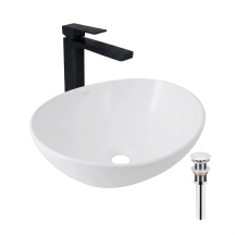 Комплект Qtap Dove: Раковина накладна Овальна 415x340x140 мм White + Донний клапан PU02 + Змішувач для раковини Qtap Gemini високий QTGEM269BLM45678 Black Matt