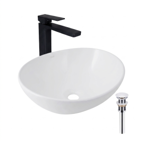 Комплект Qtap Dove: Накладная раковина Овальная 415x340x140 мм White + Донный клапан PU02 + Смеситель для раковины Qtap Gemini высокий QTGEM269BLM45678 Black Matt №1