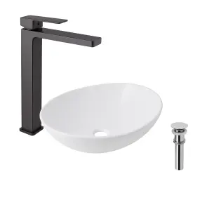 Змішувач для раковини Qtap Gemini високий QTGEM269GMB45680 Gunmetal Black PVD + Комплект Qtap Dove: Раковина накладна Овальна 415x340x140 мм White + Донний клапан PU02 №1